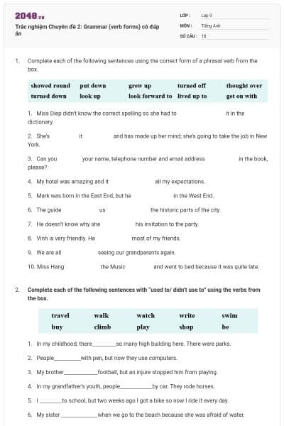 Trắc nghiệm Chuyên đề 2: Grammar (verb forms) có đáp án