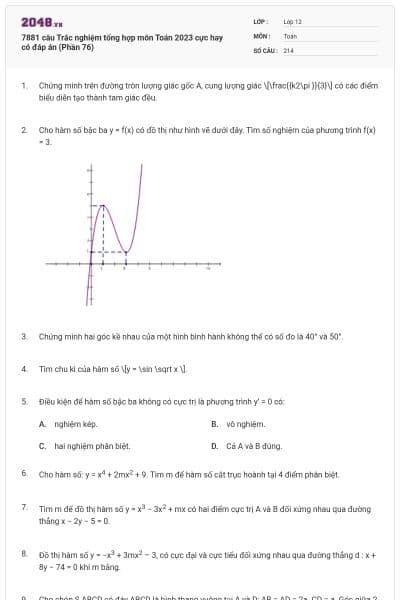 7881 câu  Trắc nghiệm tổng hợp môn Toán 2023 cực hay có đáp án (Phần 76)