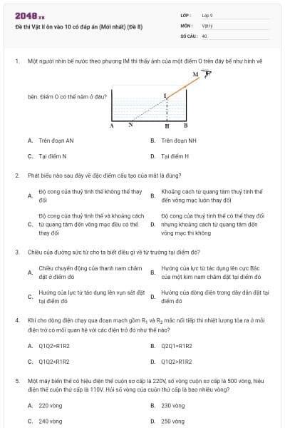 Đề thi Vật lí ôn vào 10 có đáp án (Mới nhất) (Đề 8)