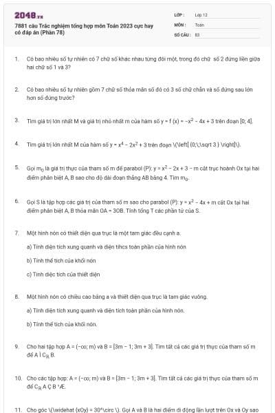 7881 câu  Trắc nghiệm tổng hợp môn Toán 2023 cực hay có đáp án (Phần 78)