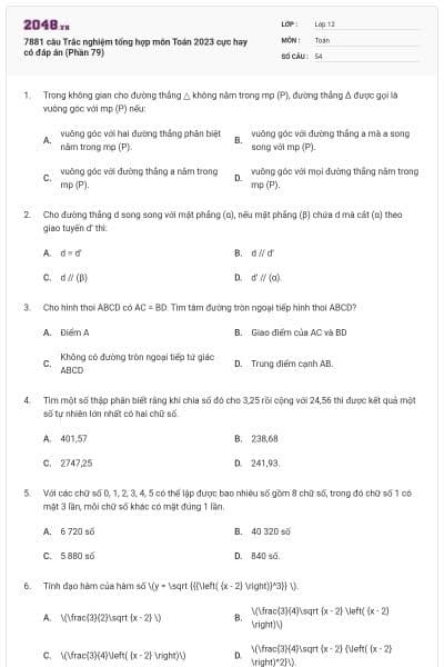 7881 câu  Trắc nghiệm tổng hợp môn Toán 2023 cực hay có đáp án (Phần 79)