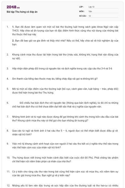 Bài tập Thu hứng có đáp án