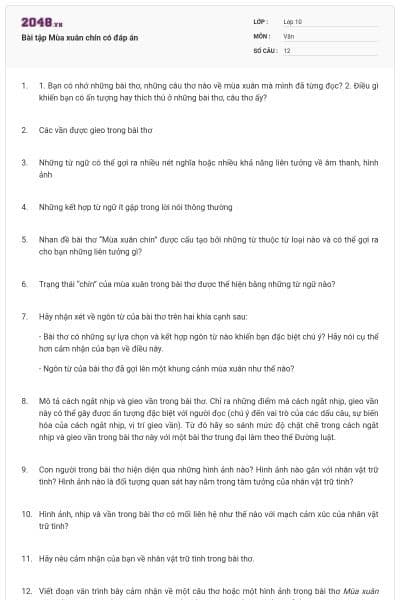 Bài tập Mùa xuân chín có đáp án