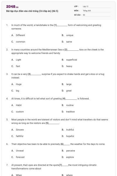 Bài tập đọc điền vào chỗ trống (Có đáp án) (Đề 5)