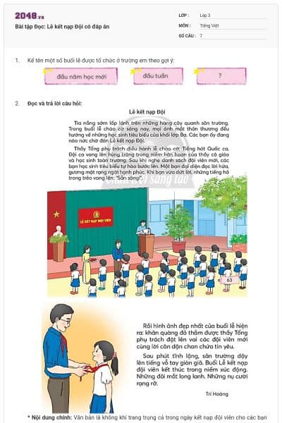 Bài tập Đọc: Lễ kết nạp Đội có đáp án