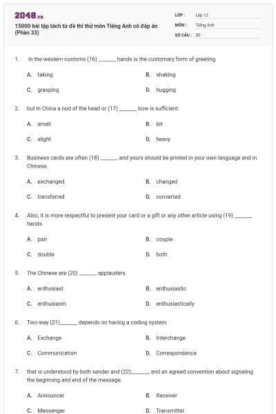 15000 bài tập tách từ đề thi thử môn Tiếng Anh có đáp án (Phần 33)
