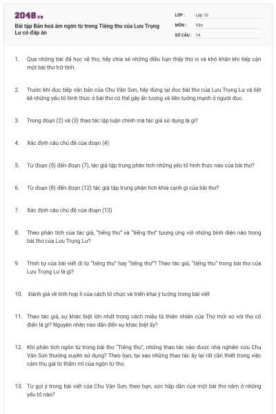 Bài tập Bản hoà âm ngôn từ trong Tiếng thu của Lưu Trọng Lư có đáp án