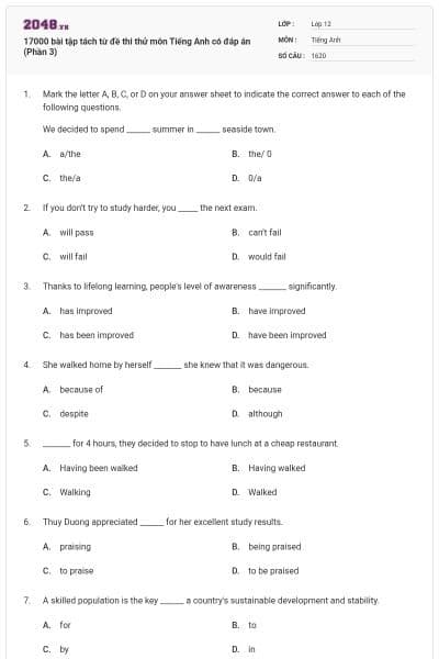 17000 bài tập tách từ đề thi thử môn Tiếng Anh có đáp án (Phần 3)