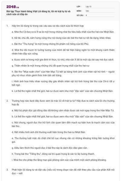 Bài tập Thực hành tiếng Việt Lỗi dùng từ, lỗi về trật tự từ và cách sửa có đáp án