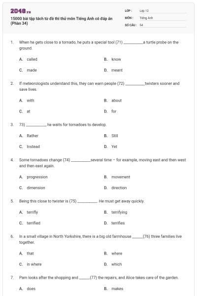 15000 bài tập tách từ đề thi thử môn Tiếng Anh có đáp án (Phần 34)