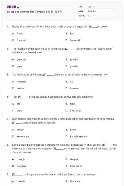 Bài tập đọc điền vào chỗ trống (Có đáp án) (Đề 7)