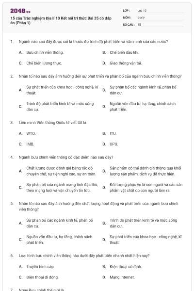 15 câu Trắc nghiệm Địa lí 10 Kết nối tri thức Bài 35 có đáp án (Phần 1)