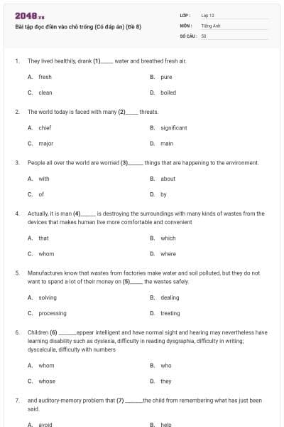 Bài tập đọc điền vào chỗ trống (Có đáp án) (Đề 8)