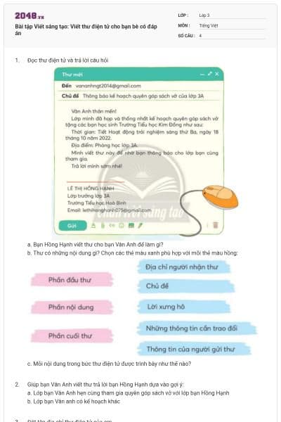 Bài tập Viết sáng tạo: Viết thư điện tử cho bạn bè có đáp án