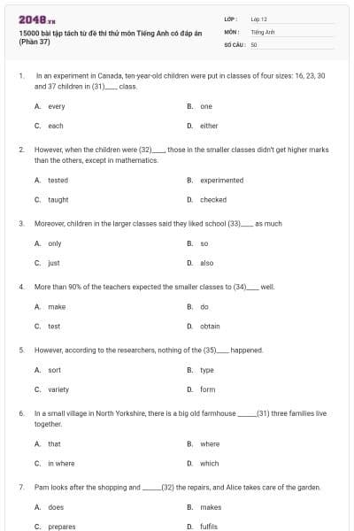 15000 bài tập tách từ đề thi thử môn Tiếng Anh có đáp án (Phần 37)