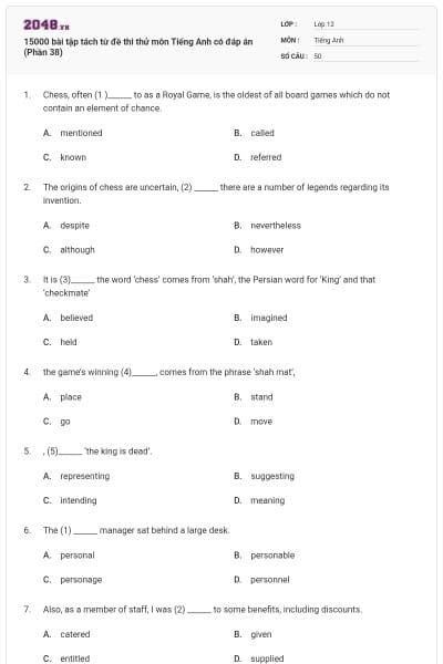 15000 bài tập tách từ đề thi thử môn Tiếng Anh có đáp án (Phần 38)