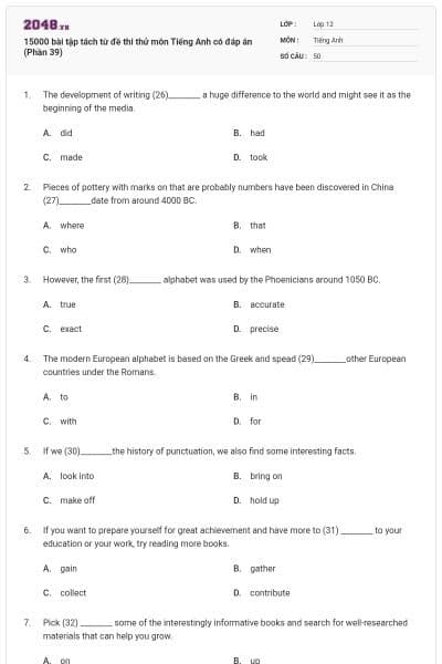 15000 bài tập tách từ đề thi thử môn Tiếng Anh có đáp án (Phần 39)