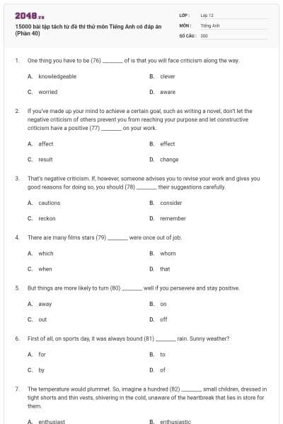 15000 bài tập tách từ đề thi thử môn Tiếng Anh có đáp án (Phần 40)
