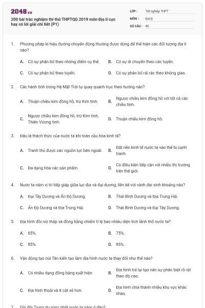 200 bài trắc nghiệm thi thử THPTQG 2019 môn Địa lí cực hay có lời giải chi tiêt (P1)