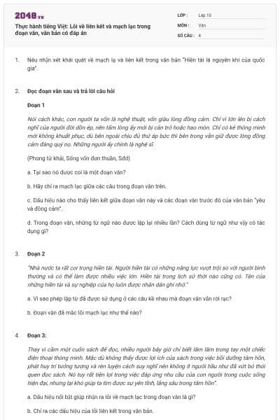 Thực hành tiếng Việt: Lỗi về liên kết và mạch lạc trong đoạn văn, văn bản có đáp án