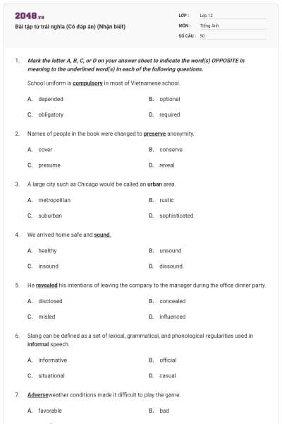 Bài tập từ trái nghĩa (Có đáp án) (Nhận biết)