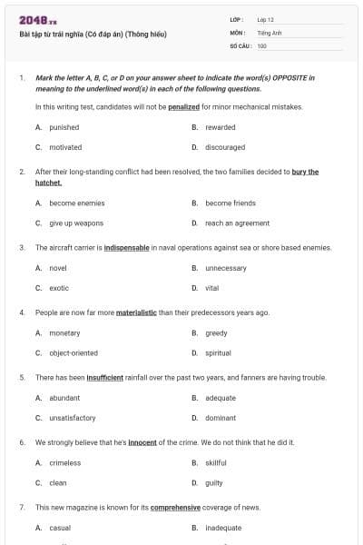 Bài tập từ trái nghĩa (Có đáp án) (Thông hiểu)
