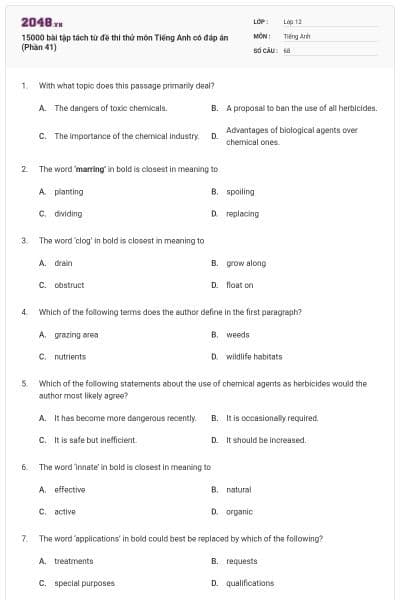 15000 bài tập tách từ đề thi thử môn Tiếng Anh có đáp án (Phần 41)