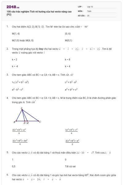 100 câu trắc nghiệm Tích vô hướng của hai vectơ nâng cao (P2)