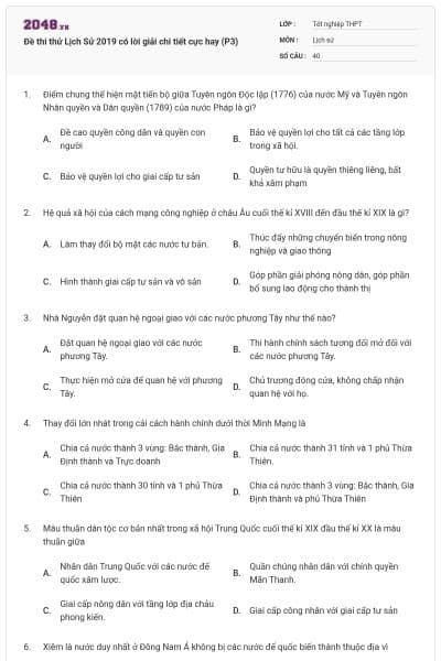 Đề thi thử Lịch Sử 2019 có lời giải chi tiết cực hay (P3)