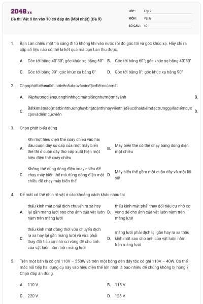 Đề thi Vật lí ôn vào 10 có đáp án (Mới nhất) (Đề 9)