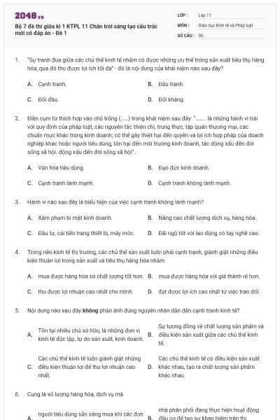 Bộ 7 đề thi giữa kì 1 KTPL 11 Chân trời sáng tạo cấu trúc mới có đáp án - Đề 1