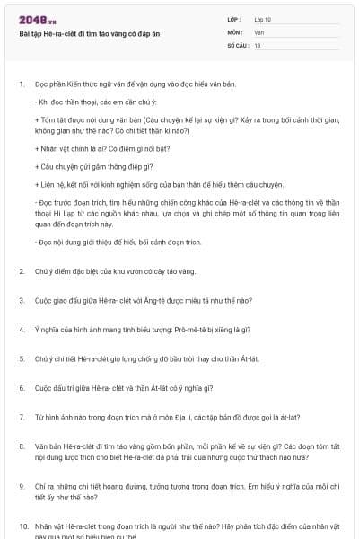 Bài tập Hê-ra-clét đi tìm táo vàng có đáp án