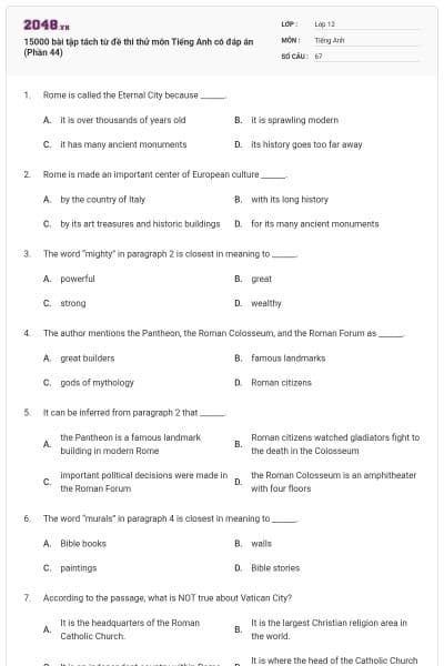 15000 bài tập tách từ đề thi thử môn Tiếng Anh có đáp án (Phần 44)