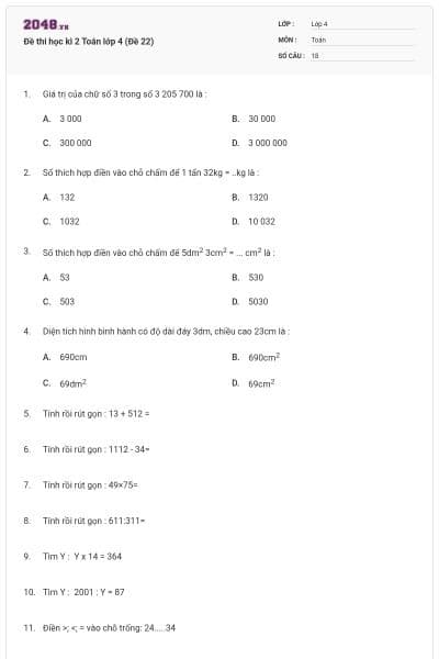 Đề thi học kì 2 Toán lớp 4 (Đề 22)