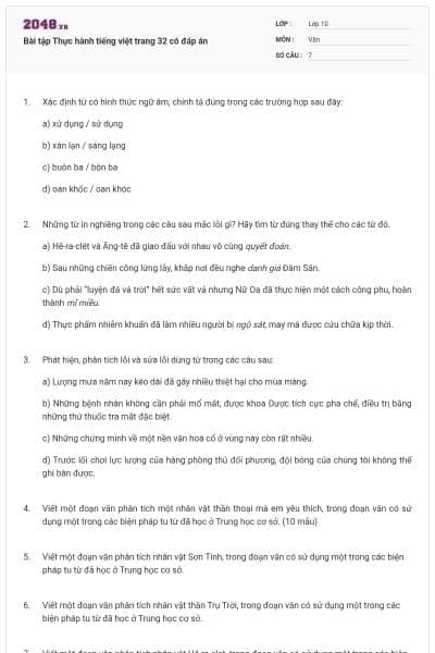 Bài tập Thực hành tiếng việt trang 32 có đáp án