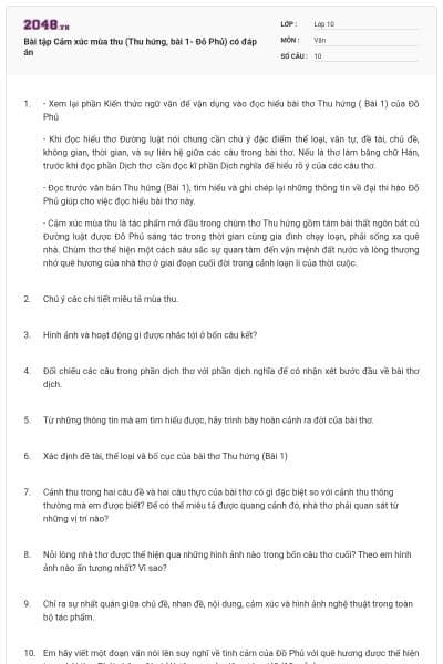 Bài tập Cảm xúc mùa thu (Thu hứng,  bài 1- Đỗ Phủ) có đáp án