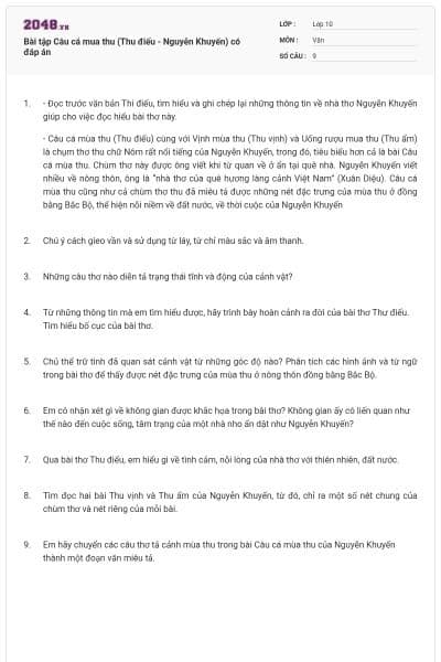 Bài tập Câu cá mua thu (Thu điếu - Nguyễn Khuyến) có đáp án