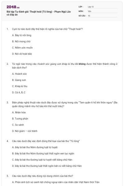 Bài tập Tự đánh giá: Thuật hoài (Tỏ lòng) - Phạm Ngũ Lão có đáp án