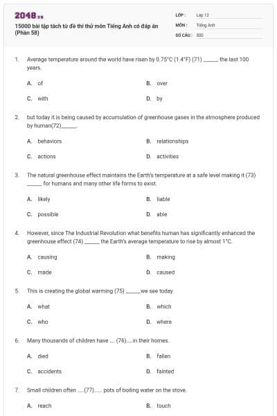 15000 bài tập tách từ đề thi thử môn Tiếng Anh có đáp án (Phần 58)