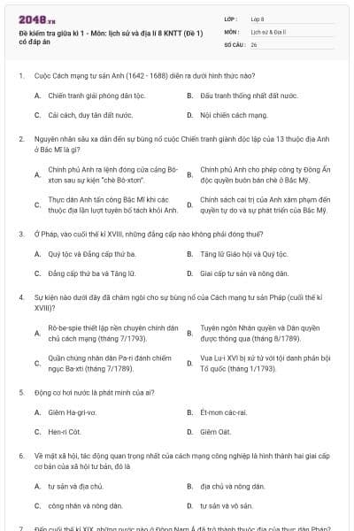 Đề kiểm tra giữa kì 1 - Môn: lịch sử và địa lí 8 KNTT (Đề 1) có đáp án