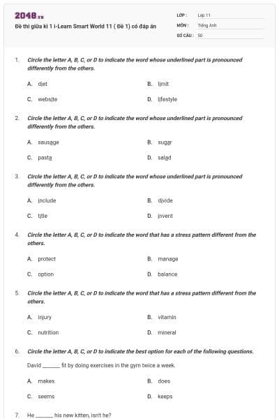 Đề thi giữa kì 1 i-Learn Smart World 11 ( Đề 1) có đáp án