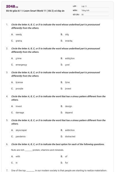 Đề thi giữa kì 1 i-Learn Smart World 11 ( Đề 2) có đáp án