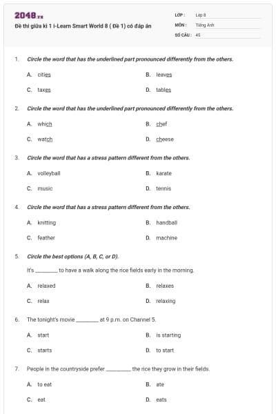 Đề thi giữa kì 1 i-Learn Smart World 8 ( Đề 1) có đáp án