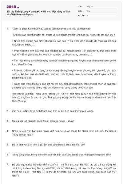 Bài tập Thăng Long – Đông Đô – Hà Nội: Một hằng số văn hóa Việt Nam có đáp án