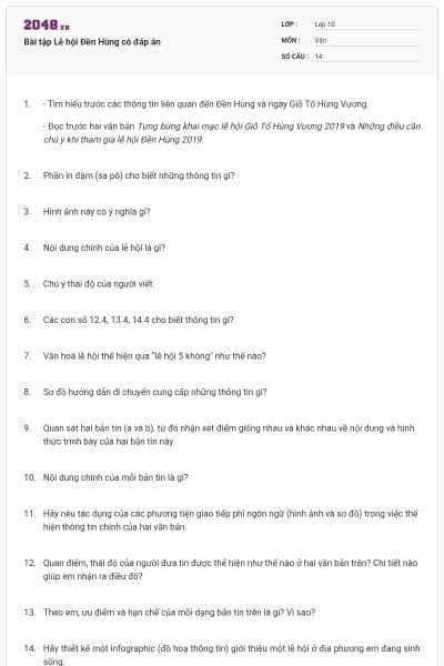 Bài tập Lễ hội Đền Hùng có đáp án