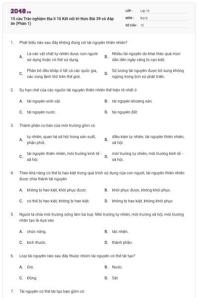 15 câu Trắc nghiệm Địa lí 10 Kết nối tri thức Bài 39 có đáp án (Phần 1)
