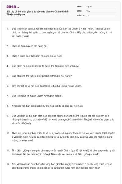 Bài tập Lễ hội dân gian đặc sắc của dân tộc Chăm ở Ninh Thuận có đáp án