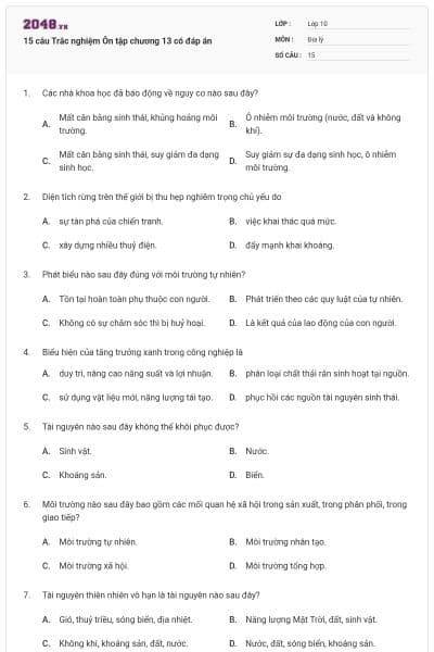 15 câu Trắc nghiệm Ôn tập chương 13 có đáp án