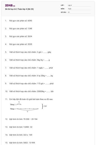 Đề thi học kì 2 Toán lớp 4 (Đề 24)