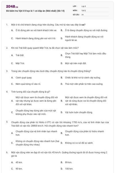 Đề kiểm tra Vật lí 8 học kì 1 có đáp án (Mới nhất) (Đề 14)